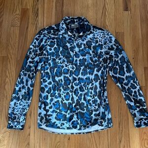 Men’s velvet blue leopard print dress shirt